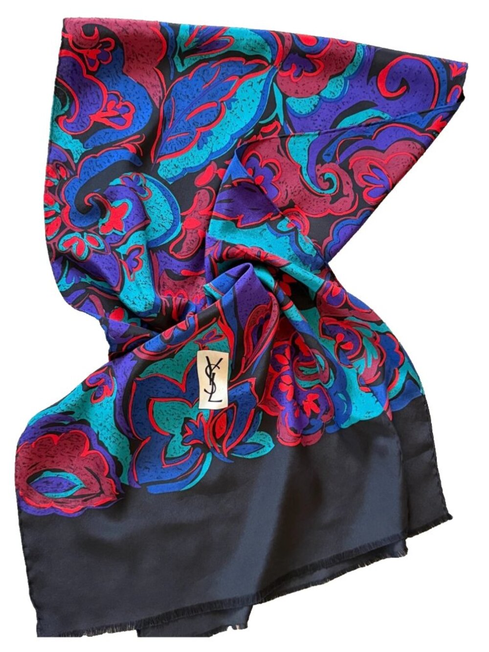 Vintage Yves Saint Laurent dark florals 58"x15" silk scarf blue/red/turquoise